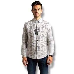 Stitch Note Button Down Grey White Cotton Long Sleeve Sheen Shirt M